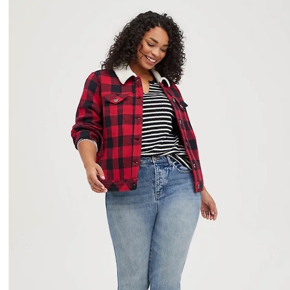 Torrid Red Buffalo Plaid Trucker Jacket 3X - Picture 4 of 7